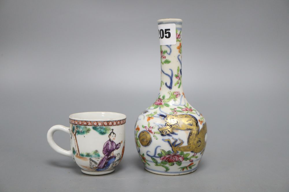 An 18th century Chinese famille rose teacup and a 19th century bottle vase, height 16.5cm